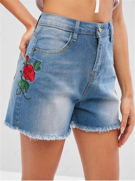 32 Off 2021 Flower Embroidered Cuff Off Shorts In Denim Blue Zaful