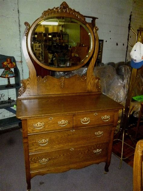 Antique Oak Dresser With Beveled Mirror And Ornate Carving Unit Has Been Refinished Original