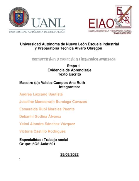 Ev Etapa Comprension Y Expresion Universidad Aut Noma De Nuevo