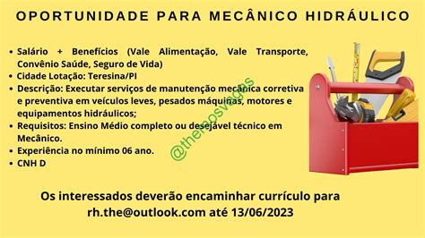 Mecânico Hidráulico Teresina PI 01 vaga s Themos Vagas