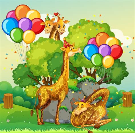 Free Vector Many Giraffes In Party Theme In Nature Forest