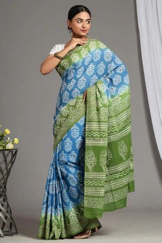 Blue Green Hand Block Printed Cotton Saree 63 M With Blouse Piece At Best Price In Jaipur