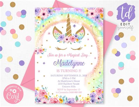 RAINBOW UNICORN BIRTHDAY Invitation Editable Rainbow Unicorn Etsy