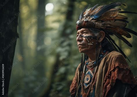 Poster Foto Portrait Of Elderly Shaman From Indigenous Tribe Of Amazon