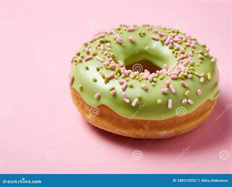 Matcha Green Tea Donut On Trendy Pink Background Homemade Matcha