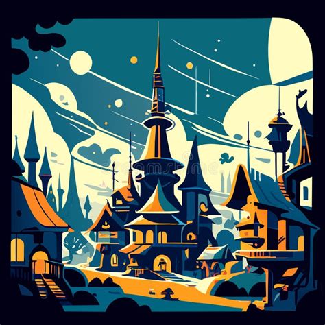 Cityscape of Old Town at Night. Vector Illustration in Flat Style ...