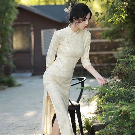 White Lace Long Qipao Cheongsam Dress With Split Women Silk Dress Dresses Chinese Dress