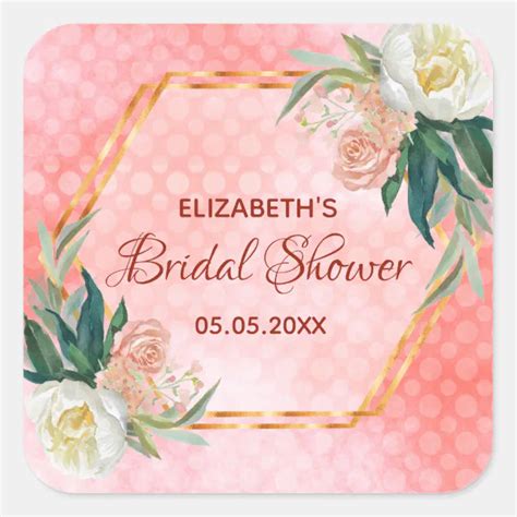 Bridal Shower Floral Blush Gold Floral Geometric Square Sticker Zazzle