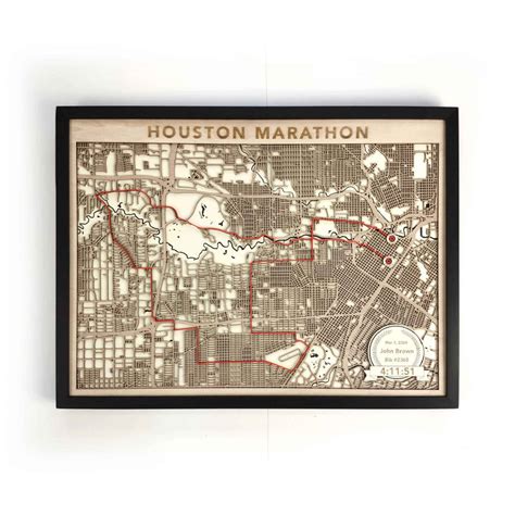 Houston Marathon Course Map Custom Engraved Wooden Map For Runners