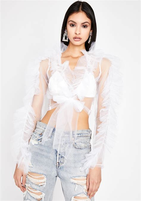 White Sheer Tulle Front Tie Long Sleeve Crop Top Dolls Kill