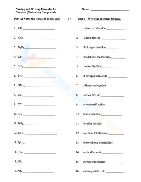 Naming And Writing Covalent Compounds And Key Worksheet