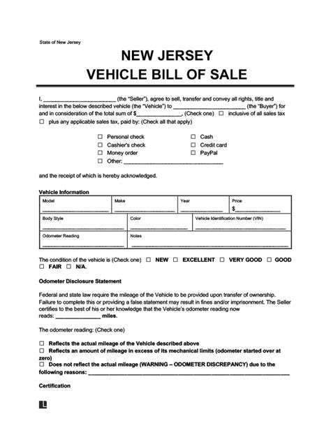 New Jersey Bill Of Sale Vehicle Online