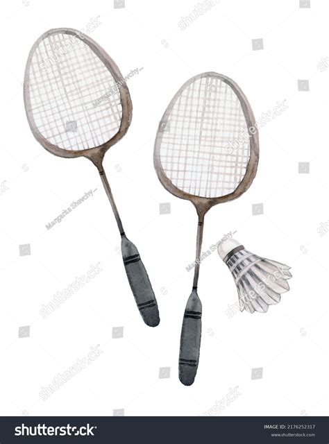 Watercolor Badminton Rackets Feather Shuttlecocks Isolated Stock