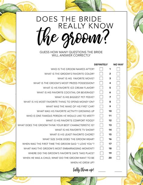 Lemonade Theme Does The Bride Really Know The Groom Bridal Shower Game