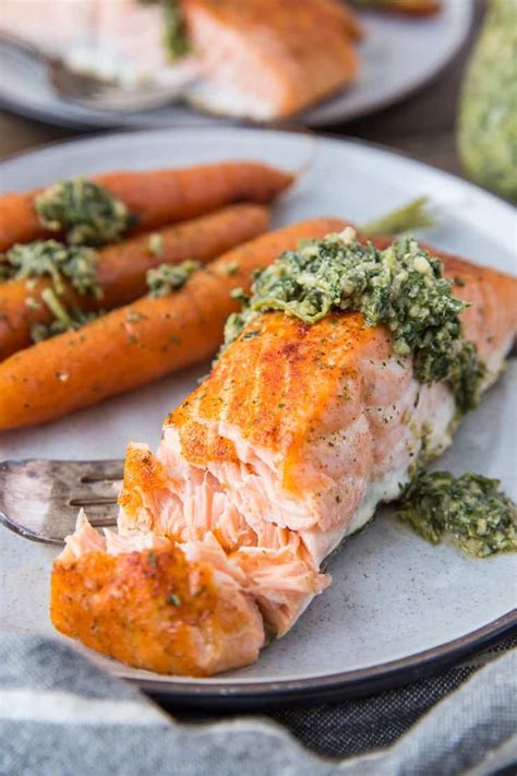 Sheet Pan Pesto Salmon And Carrots The Roasted Root