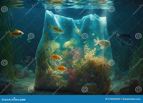 Fishes In Plastic Bag Massive Plastic Pollution Underwater Concept