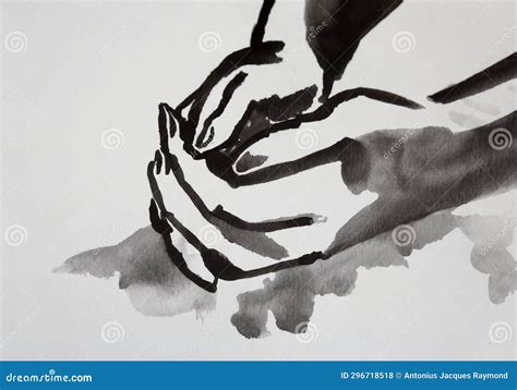 Praying Hands in Water Color Painting with Black Ink Stock Illustration ...