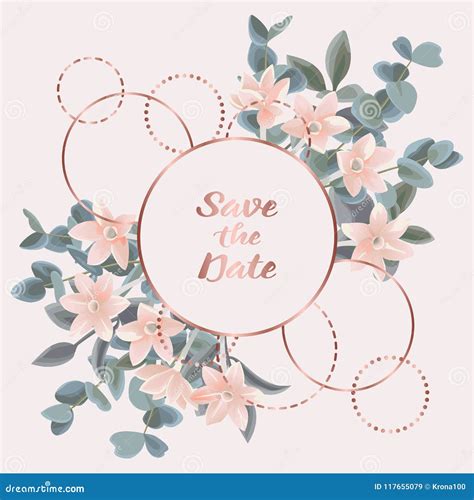 Save The Date Card With Eucalyptus Flowers And Pink Golden Frame Stock