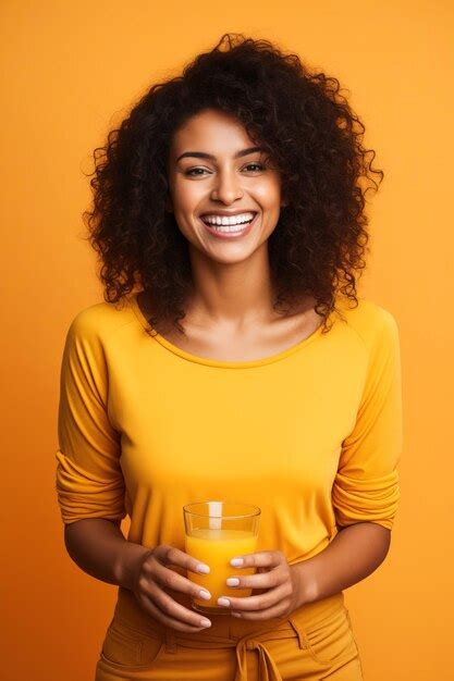 Mujer sosteniendo un vaso de jugo de naranja y sonriendo a la cámara IA