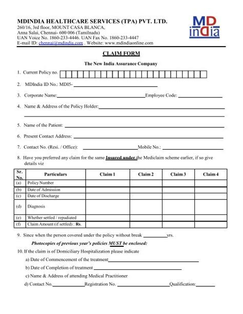 Chennai Claim Form Mdindia Healthcare Services