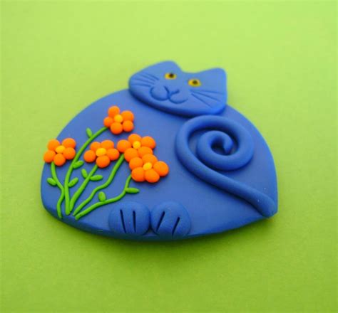 Fimo Polymer Clay Turquoise Blue Cat With Flowers Brooch Pin Etsy