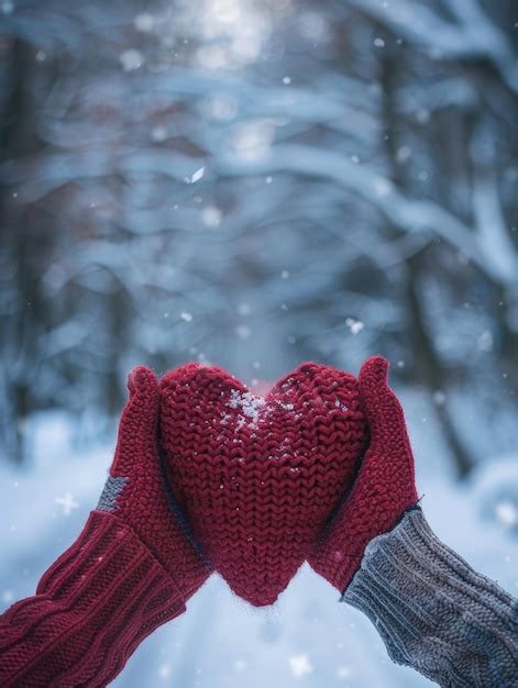 Person Holding Red Heart In Snowy Landscape Premium AI Generated Image