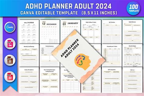 Editable Adhd Planner Adult 2024 Canva Graphic By Design Dexterity