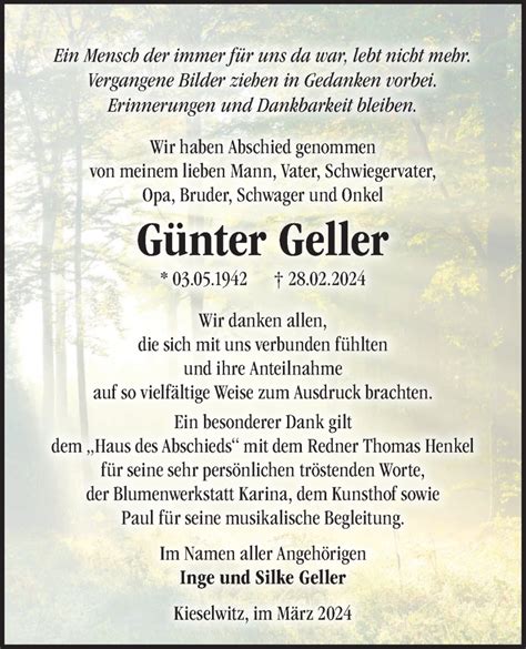 Traueranzeigen von Günter Geller Märkische Onlinezeitung Trauerportal