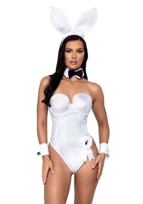 Playboy Women S Sexy White And Silver Rhinestone Bunny Costume