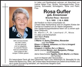 Traueranzeigen Von Rosa Gufler Trauer Bz