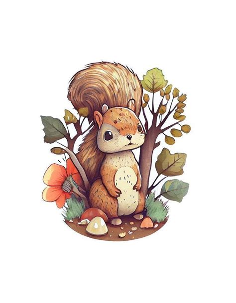 An Illustration Of A Squirrel Hugging A Tree With Leaves And Acorns Around It