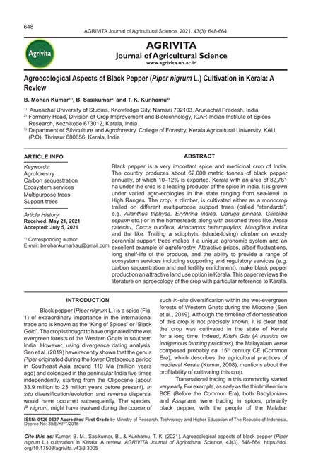 PDF Agroecological Aspects Of Black Pepper Piper Nigrum L