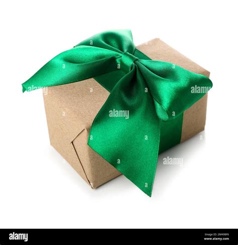 Gift Box With Beautiful Bow Made Of Green Ribbon On White Background