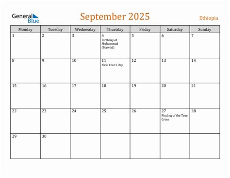 September 2025 - Ethiopia Monthly Calendar with Holidays