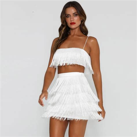 Seamyla 2018 New White Two Piece Set Women Sexy Frigne Bandage Dress