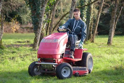 Portrait Young Man Mowing Stock Image Image Of Lush 261513041