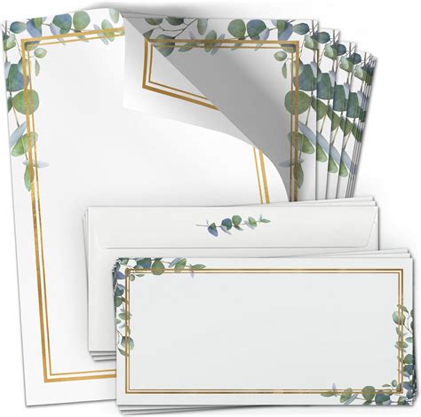 50 Briefpapier Und Briefumschlag SET Eukalyptus Gold Look Papier