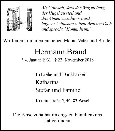 Traueranzeigen Von Hermann Brand Trauer In Nrw De