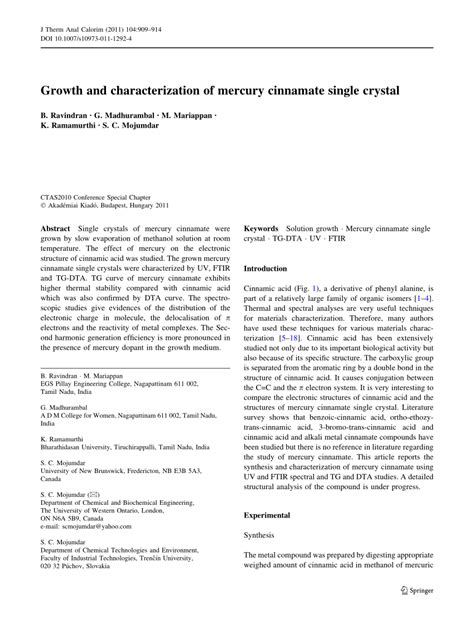 (PDF) Thermal, UV and FTIR Spectroscopic Studies of Mercury Cinnamate