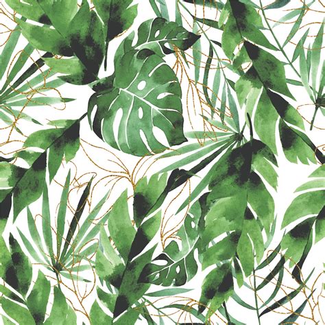 Watercolor Seamless Pattern With Tropical Leaves And Golden Elements