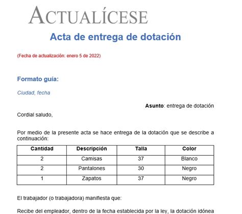 Acta de entrega de dotación Actualícese