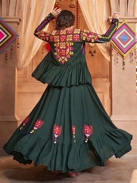 Green Viscose Rayon Embroidered Mirror Work Navratri Festival Lehenga