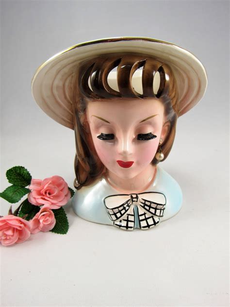 Vintage Napco Lady Head Vase With Blue Dress Hat Etsy Head Vase