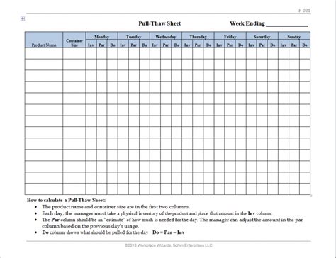 Restaurant Pull Thaw Sheet Kitchen Inventory Sheets