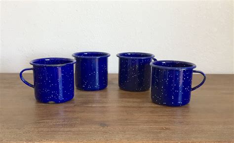 Vintage Blue Speckled Enamelware Cups Blue Enamel Mugs Etsy