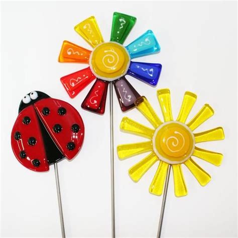 Set Of 3 Whimsical Fused Glass Plant Stakes A Burst Of Color For The Garden Made With Hand