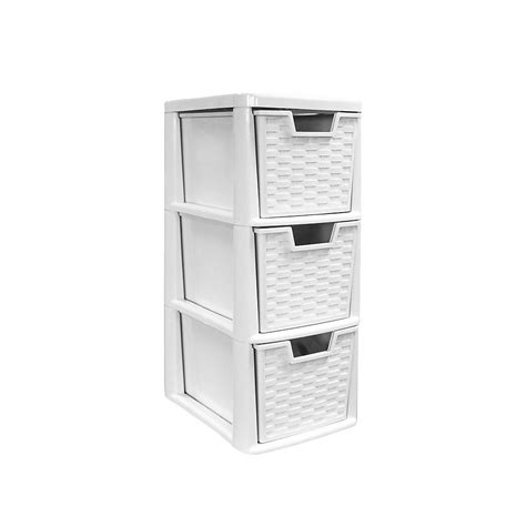 Medium Rattan Effect 3 Drawer Storage Tower White Homebase