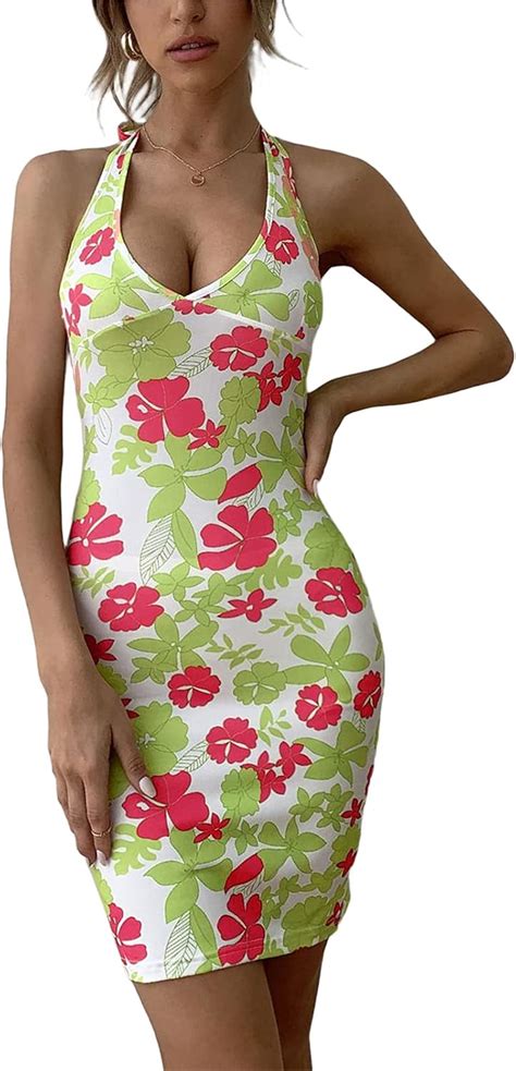 Womens Halter Neck Floral Bodycon Mini Dress Sleeveless