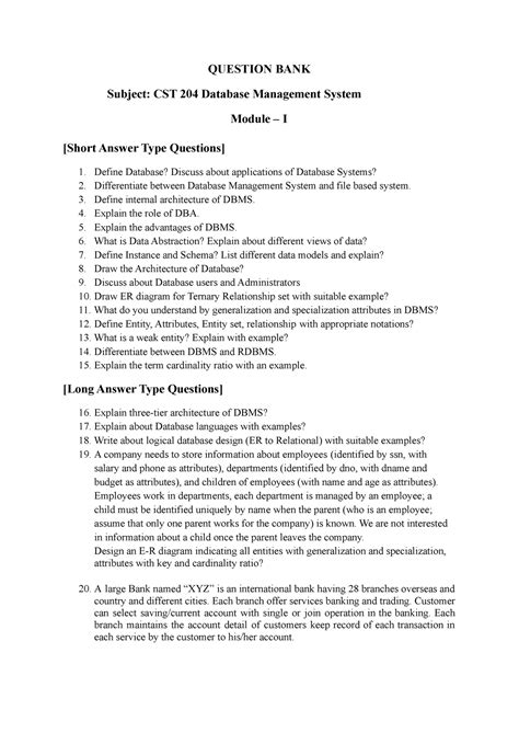 Dbms Questionbank Question Bank Subject Cst Database Management