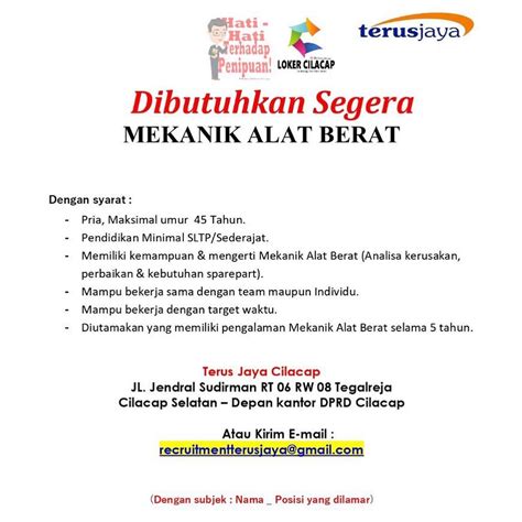 Lowongan Kerja Mekanik Alat Berat Di Terus Jaya Cilacap Lokerjateng